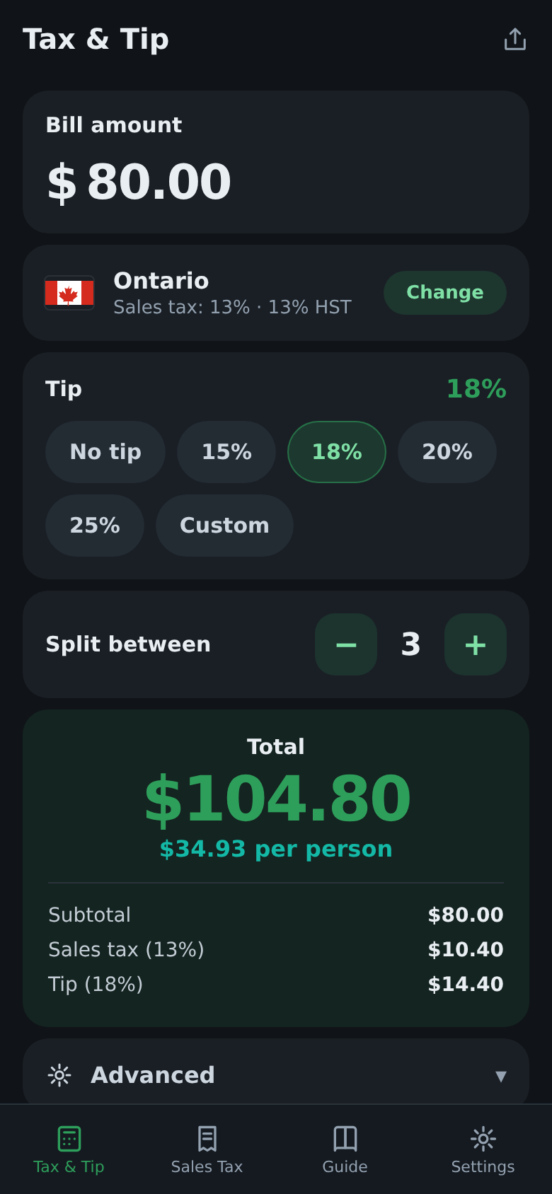 Tax & tip calculator (Canada)