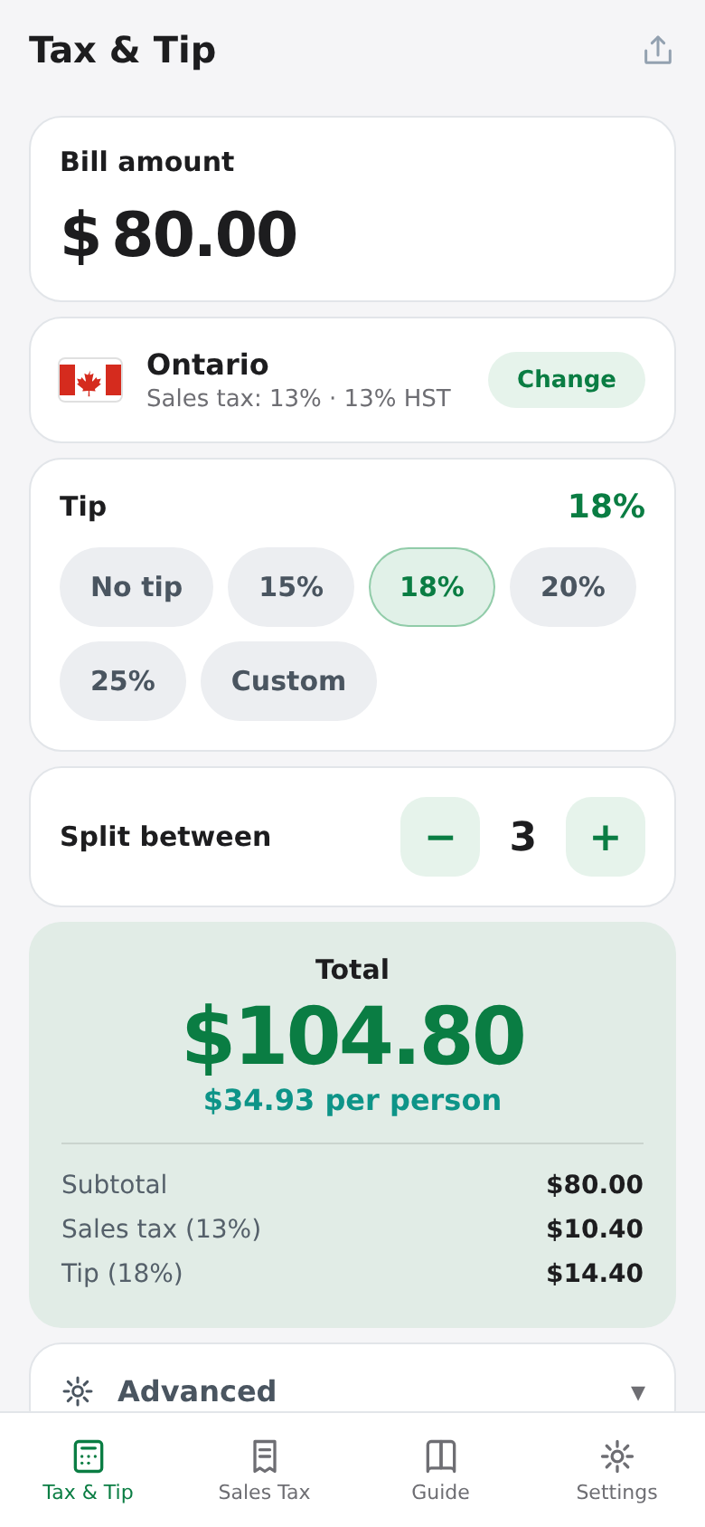 Calculator with Ontario at 13 percent HST, an 18 percent tip and the total split between three people