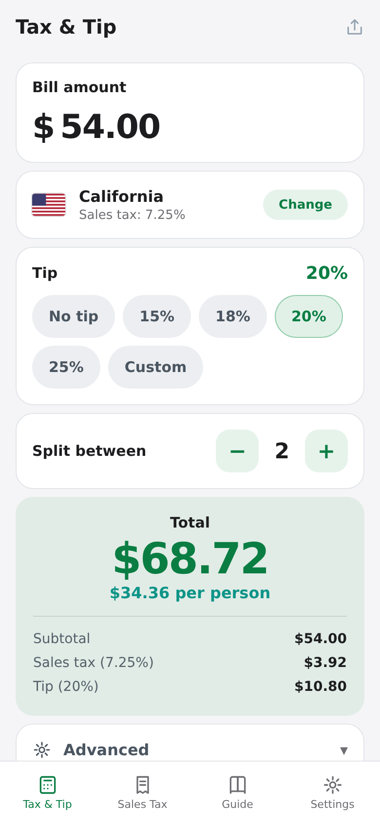 Calculator with a 54 dollar bill, California at 7.25 percent, a 20 percent tip and the total split between two people