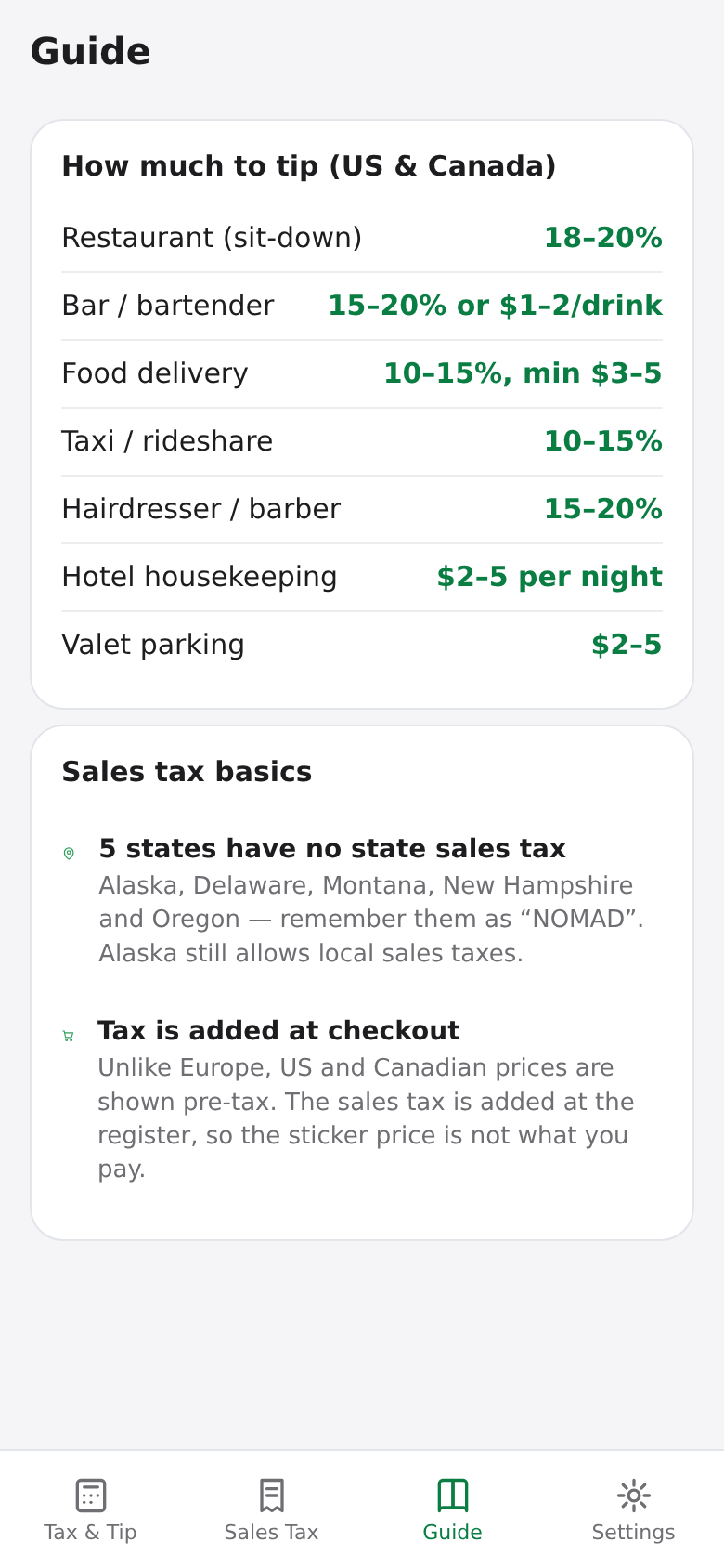 Guide with customary tips for restaurants, bars, delivery and hotels plus sales tax basics