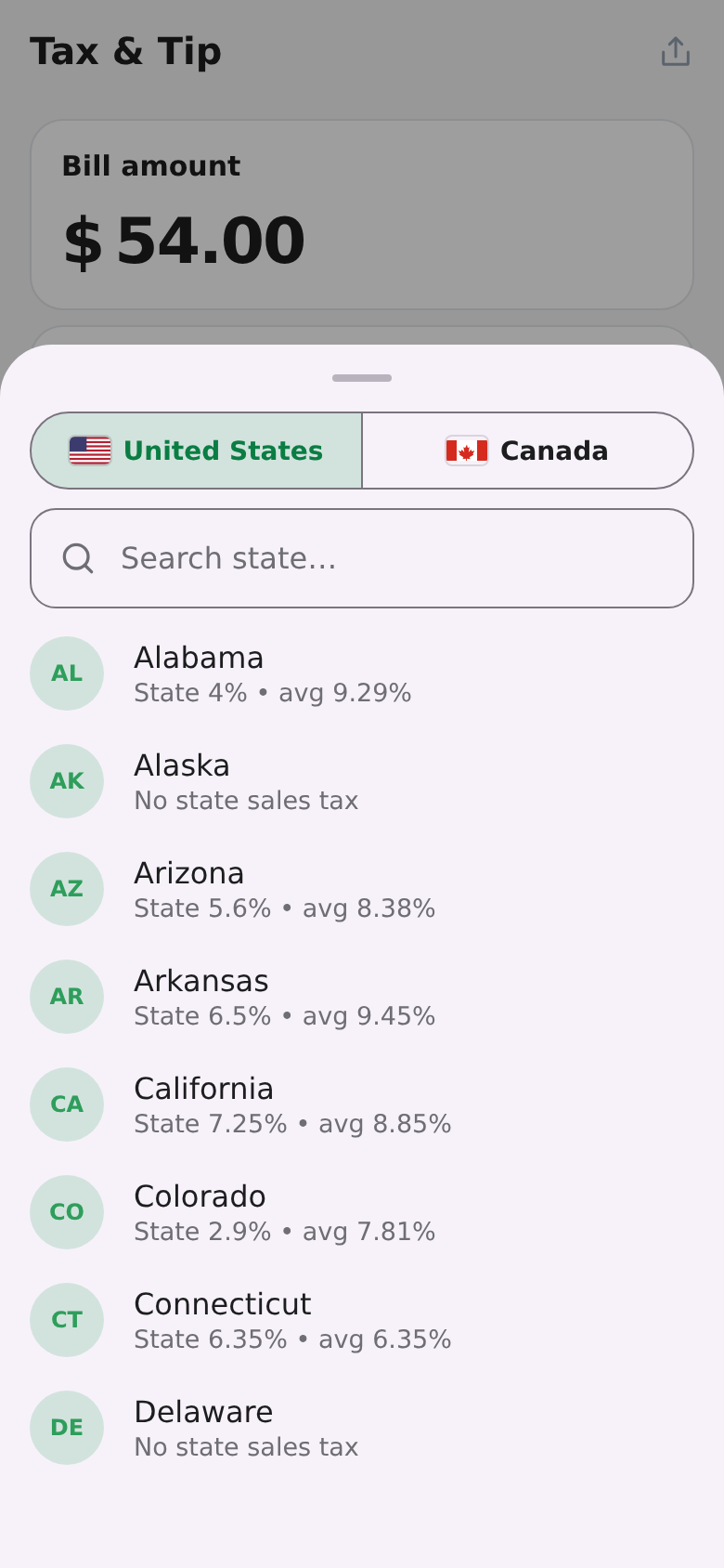 Region picker with a United States and Canada switch, a search field and the state list with rates
