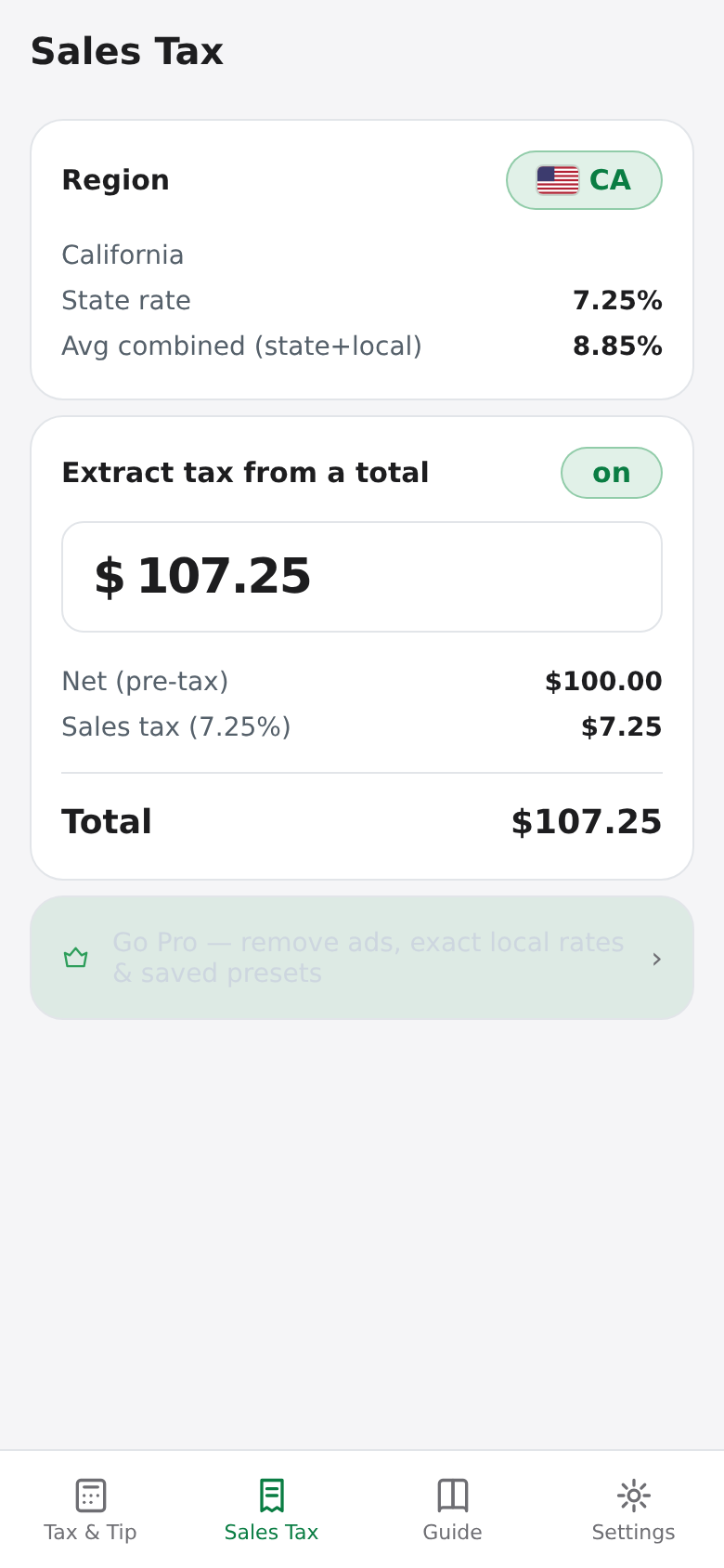 Sales tax tab extracting the tax from a total of 107.25 dollars: 100 dollars net and 7.25 dollars tax